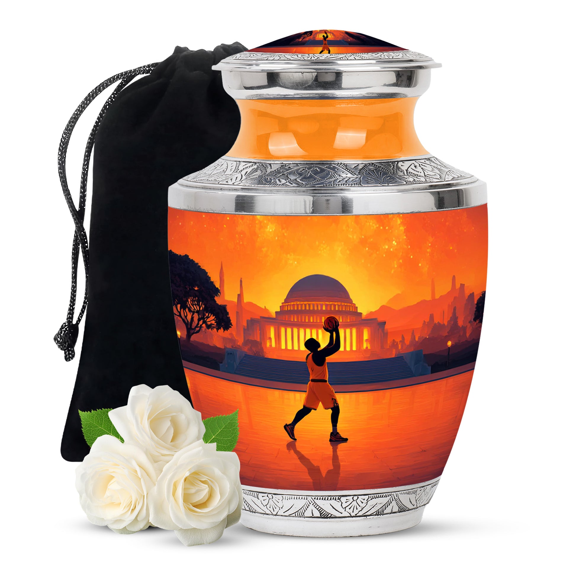 Scarlet Red Basketball Cremation Urn side profile showing urn shape - artistic basketball interpretation with creative detail - full-size 10 inch 200 cubic inch adult cremation urn