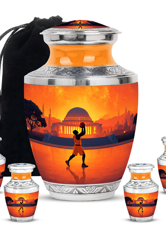 Cherry Red Basketball Cremation Urn lifestyle display on memorial shelf - stylized abstract basketball pattern with bold lines - memorial set with one large and four small urns
