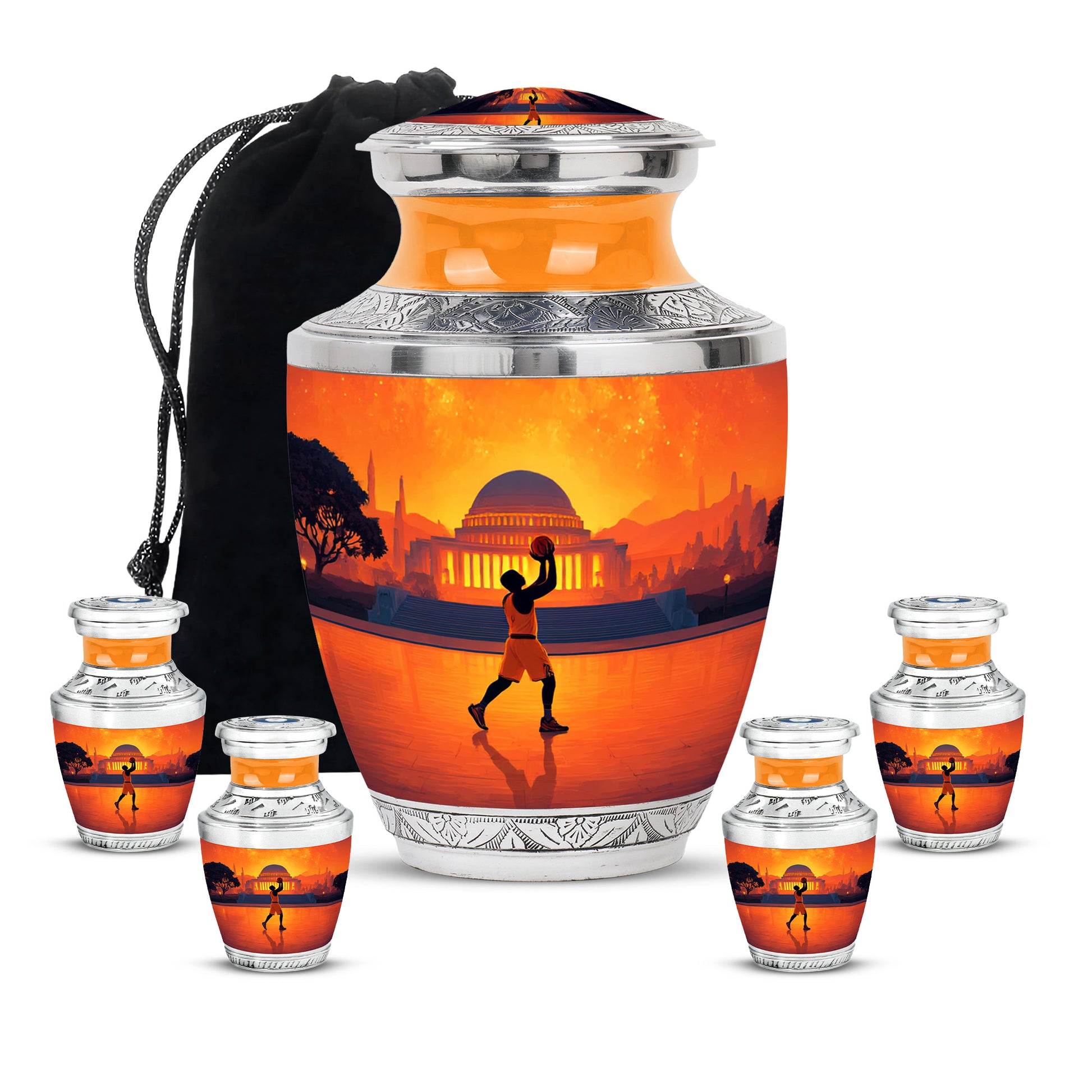 Cherry Red Basketball Cremation Urn lifestyle display on memorial shelf - stylized abstract basketball pattern with bold lines - memorial set with one large and four small urns