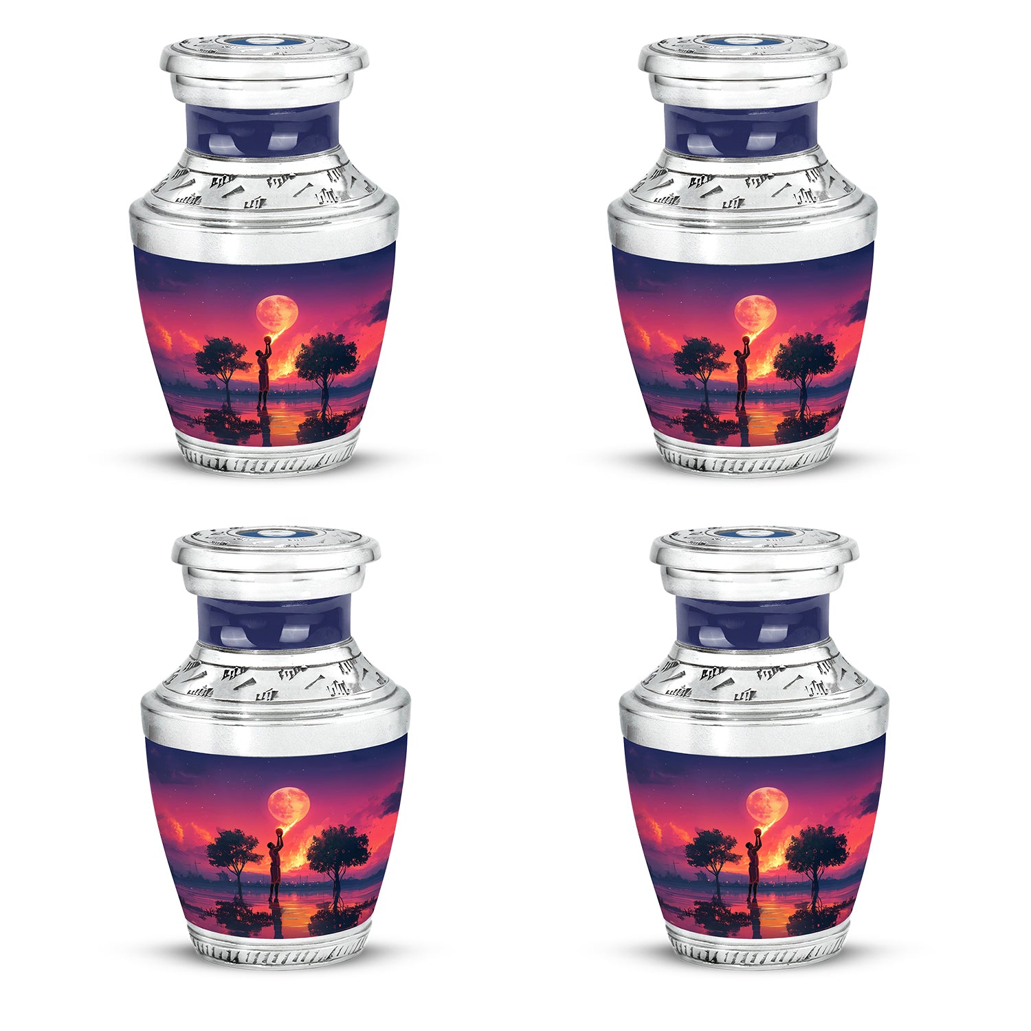 Bright Blue Basketball Cremation Urn back view with polished surface - artistic basketball interpretation with creative detail - 10 inch aluminum urn for cremated remains