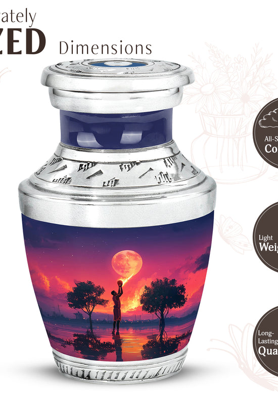 Steel Blue Basketball Cremation Urn top-down view of secure threaded lid - stylized abstract basketball pattern with bold lines - mini keepsake memorial for portion of cremation ashes