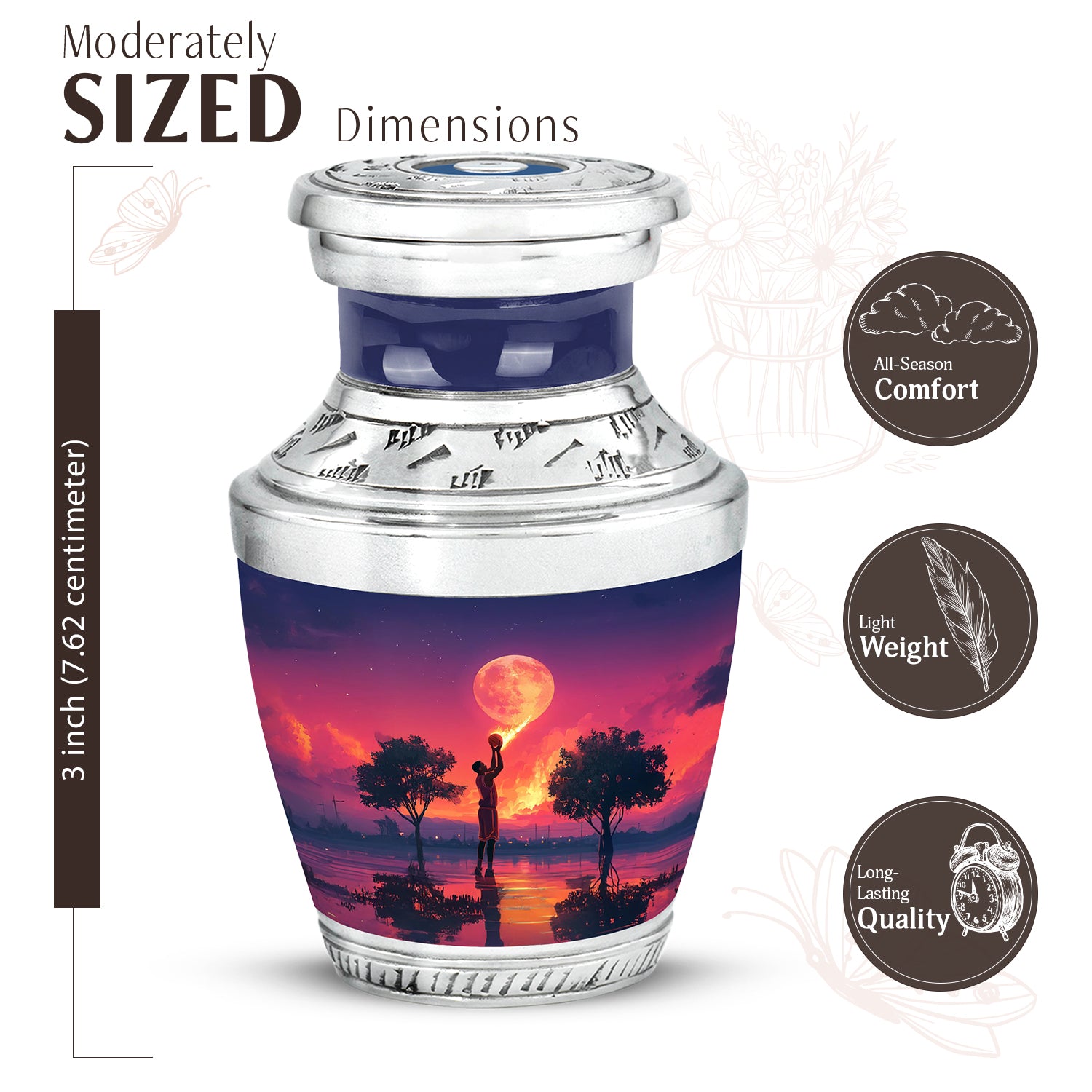 Steel Blue Basketball Cremation Urn top-down view of secure threaded lid - stylized abstract basketball pattern with bold lines - mini keepsake memorial for portion of cremation ashes