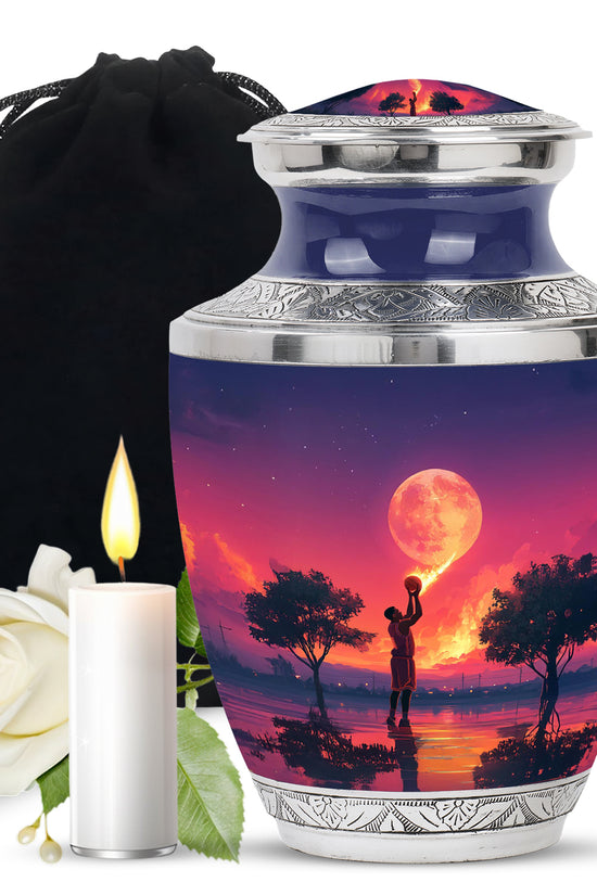 Navy Blue Basketball Cremation Urn side profile showing urn shape - contemporary basketball design with modern artistic flair - full-size 10 inch 200 cubic inch adult cremation urn