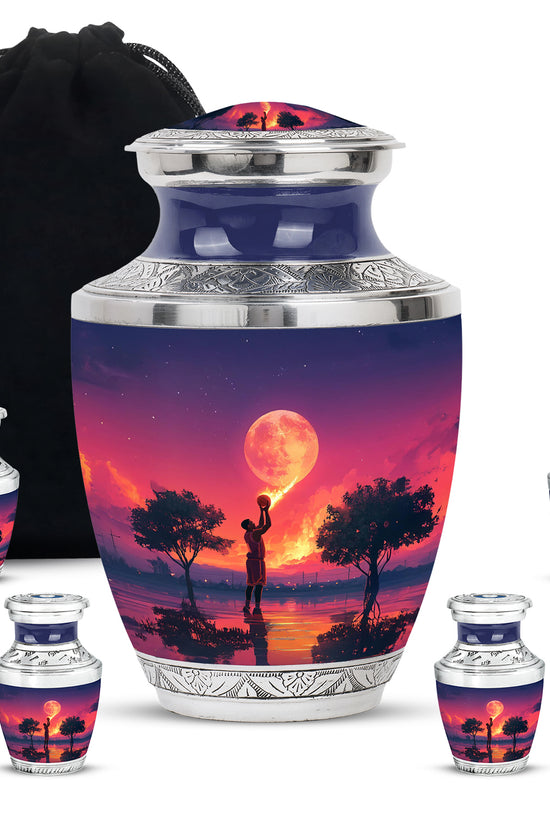Misty Blue Basketball Cremation Urn lifestyle display on memorial shelf - modern art-inspired basketball motif on sleek aluminum - memorial set with one large and four small urns