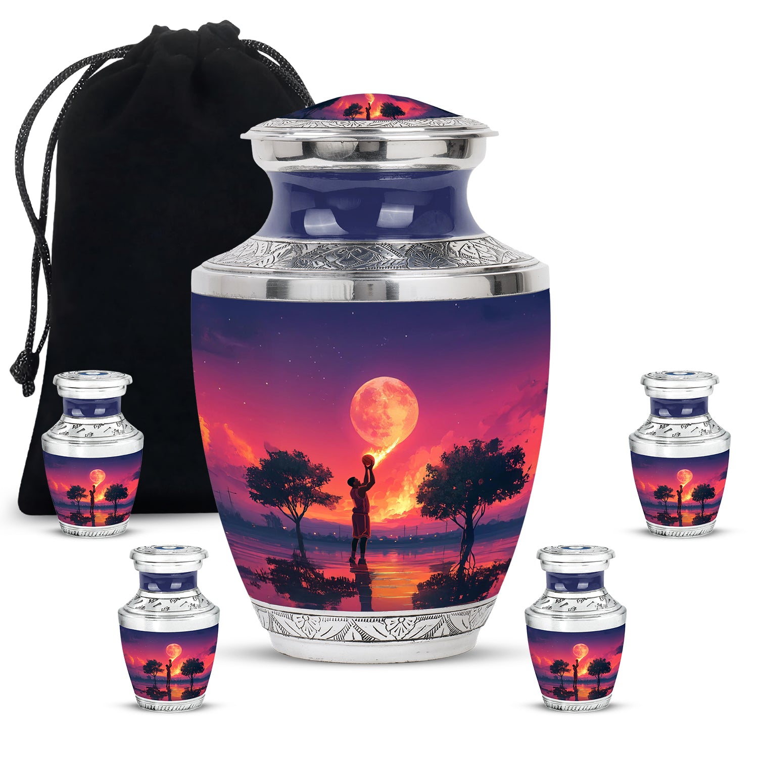 Misty Blue Basketball Cremation Urn lifestyle display on memorial shelf - modern art-inspired basketball motif on sleek aluminum - memorial set with one large and four small urns