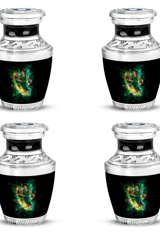 Deep Black Basketball Cremation Urn back view with polished surface - contemporary basketball design with modern artistic flair - 10 inch aluminum urn for cremated remains