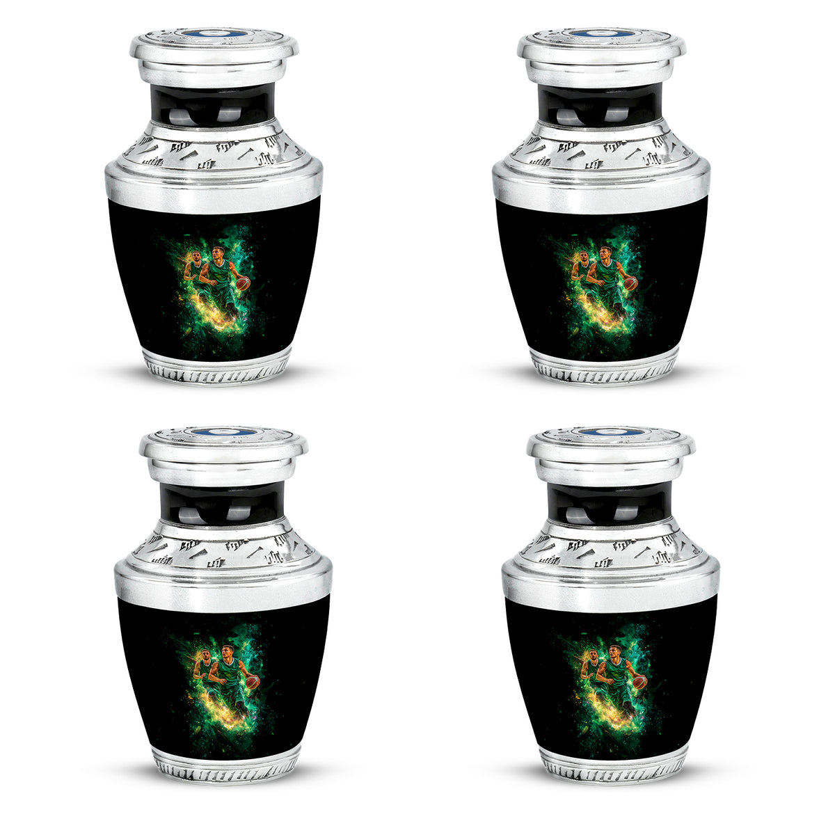 Deep Black Basketball Cremation Urn back view with polished surface - contemporary basketball design with modern artistic flair - 10 inch aluminum urn for cremated remains