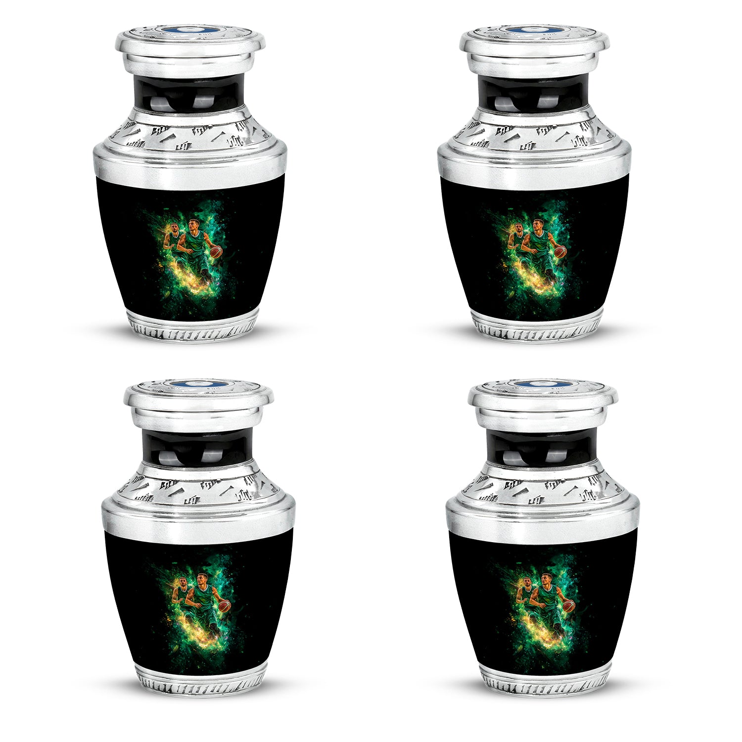 Deep Black Basketball Cremation Urn back view with polished surface - contemporary basketball design with modern artistic flair - 10 inch aluminum urn for cremated remains