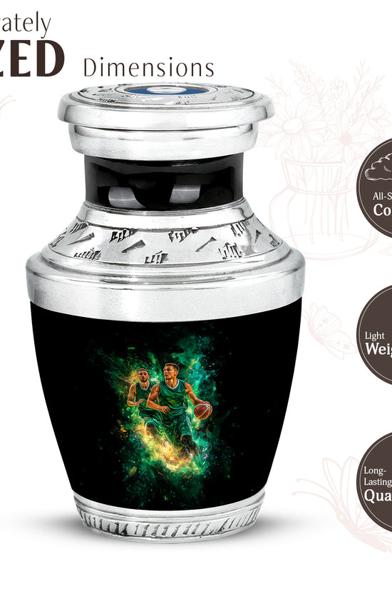 Deep Black Basketball Cremation Urn top-down view of secure threaded lid - modern art-inspired basketball motif on sleek aluminum - mini keepsake memorial for portion of cremation ashes