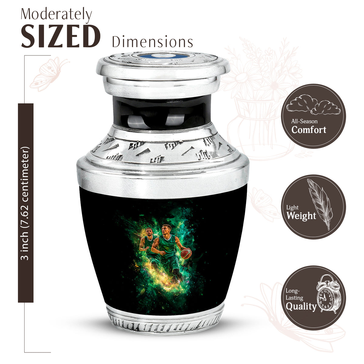 Deep Black Basketball Cremation Urn top-down view of secure threaded lid - modern art-inspired basketball motif on sleek aluminum - mini keepsake memorial for portion of cremation ashes