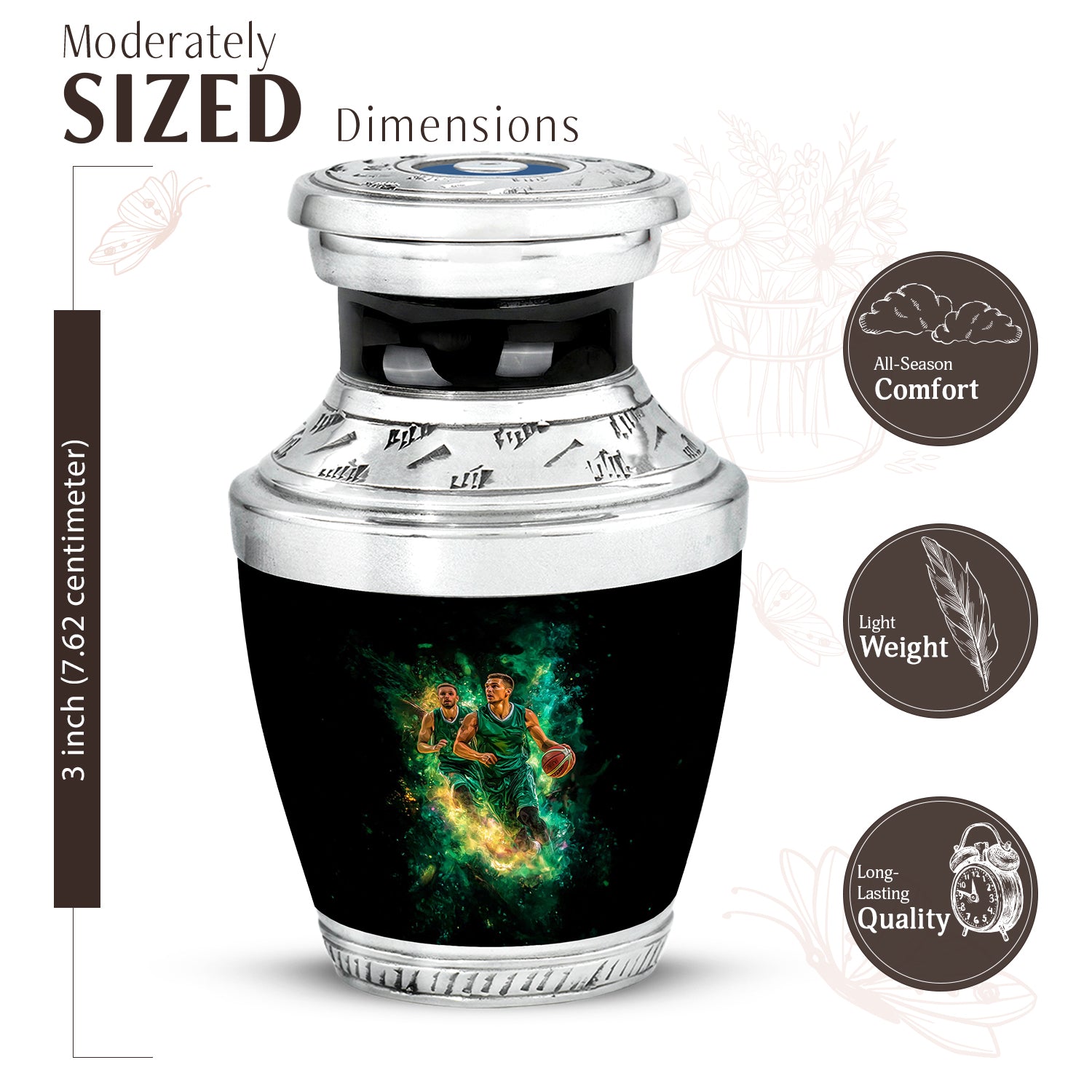 Deep Black Basketball Cremation Urn top-down view of secure threaded lid - modern art-inspired basketball motif on sleek aluminum - mini keepsake memorial for portion of cremation ashes