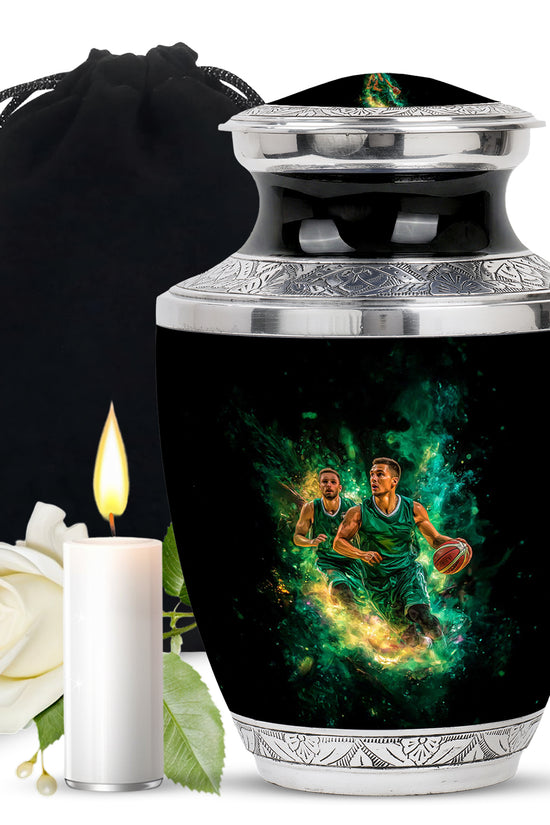 Dark Black Basketball Cremation Urn side profile showing urn shape - artistic basketball interpretation with creative detail - full-size 10 inch 200 cubic inch adult cremation urn