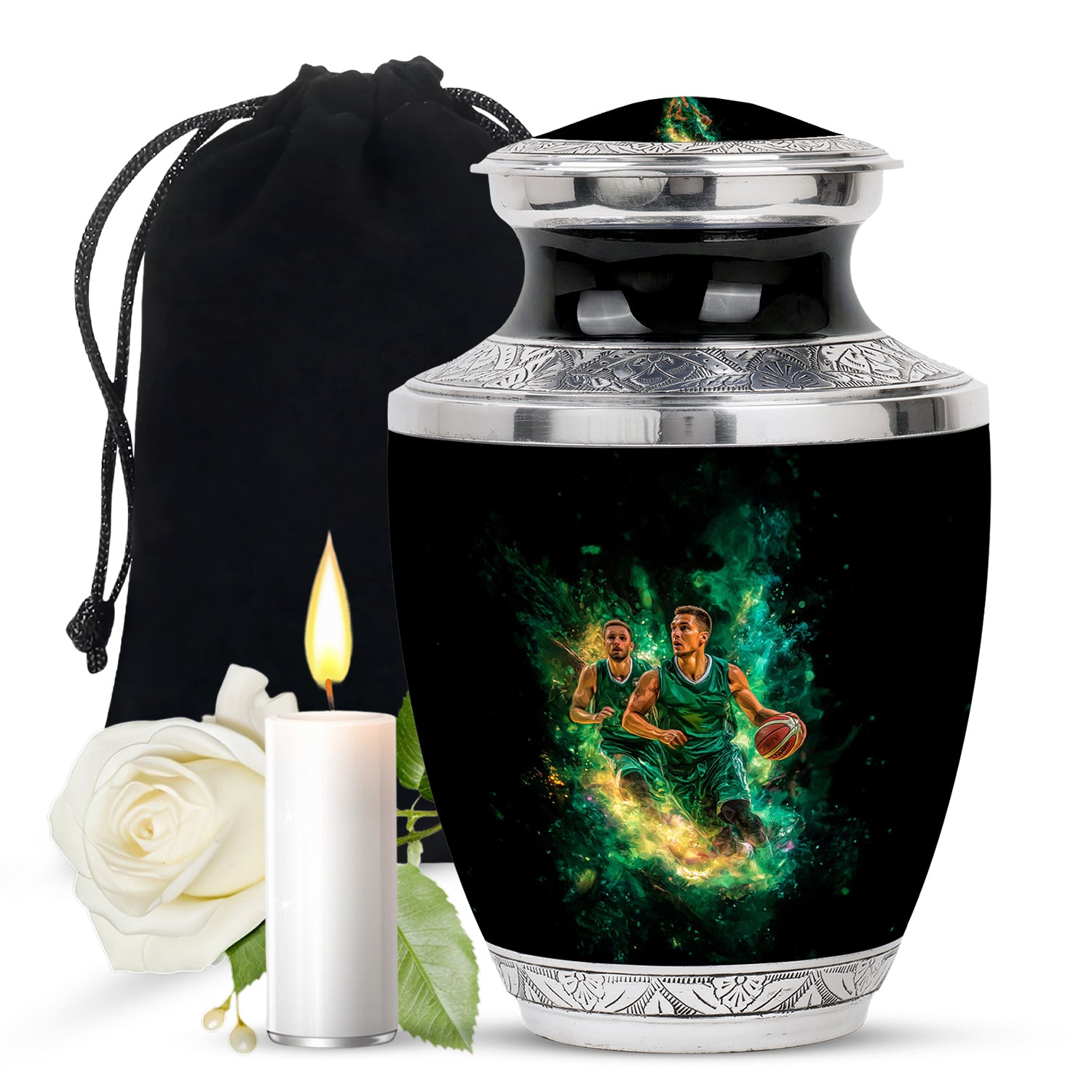 Dark Black Basketball Cremation Urn side profile showing urn shape - artistic basketball interpretation with creative detail - full-size 10 inch 200 cubic inch adult cremation urn