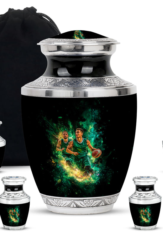 Ebony Basketball Cremation Urn lifestyle display on memorial shelf - modern art-inspired basketball motif on sleek aluminum - memorial set with one large and four small urns