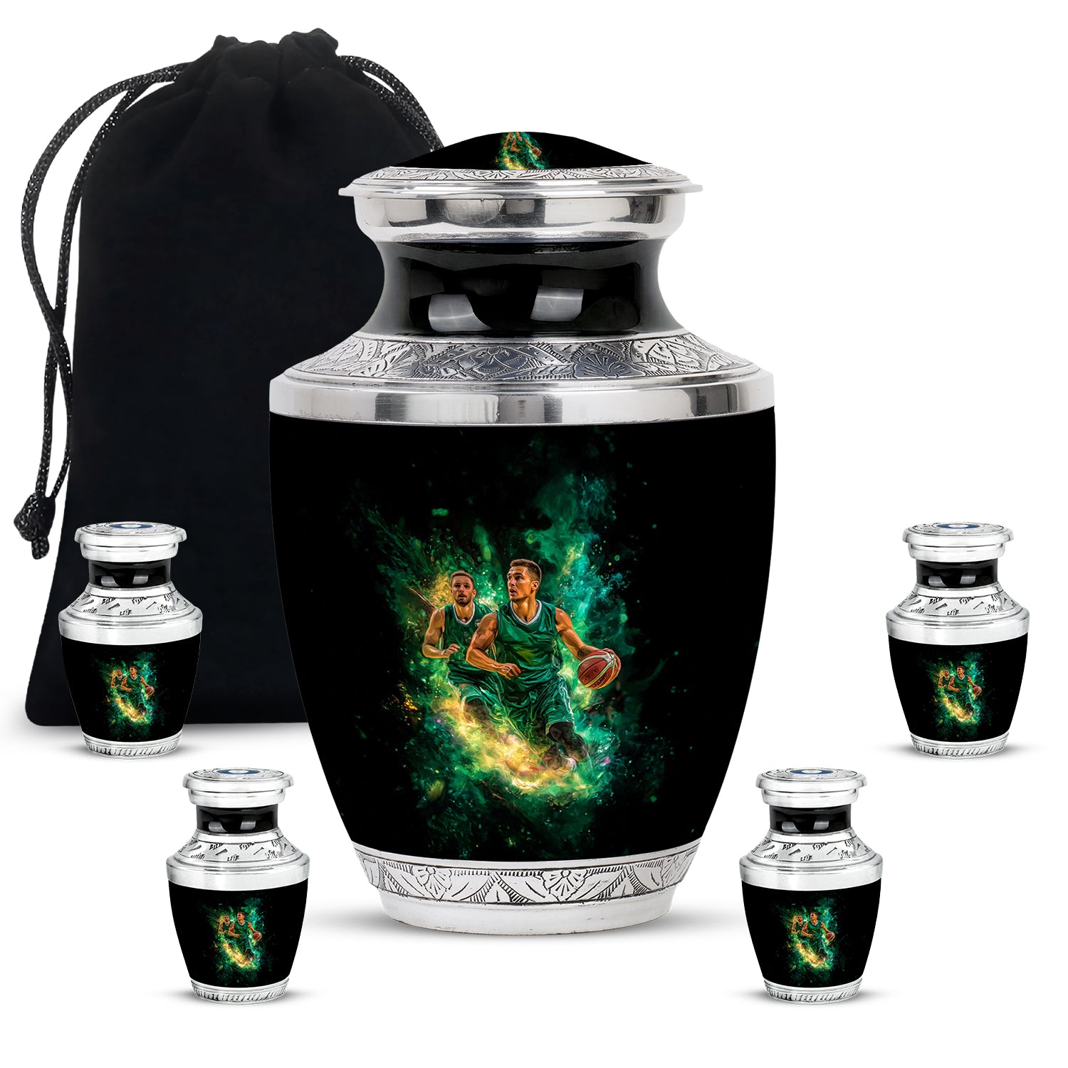 Ebony Basketball Cremation Urn lifestyle display on memorial shelf - modern art-inspired basketball motif on sleek aluminum - memorial set with one large and four small urns