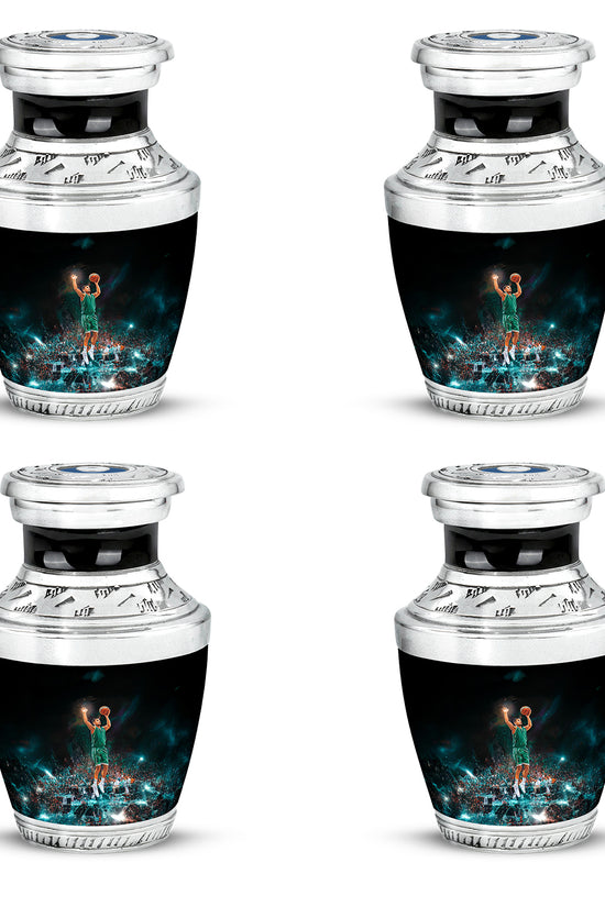 Glossy Black Basketball Cremation Urn back view with polished surface - modern art-inspired basketball motif on sleek aluminum - 10 inch aluminum urn for cremated remains