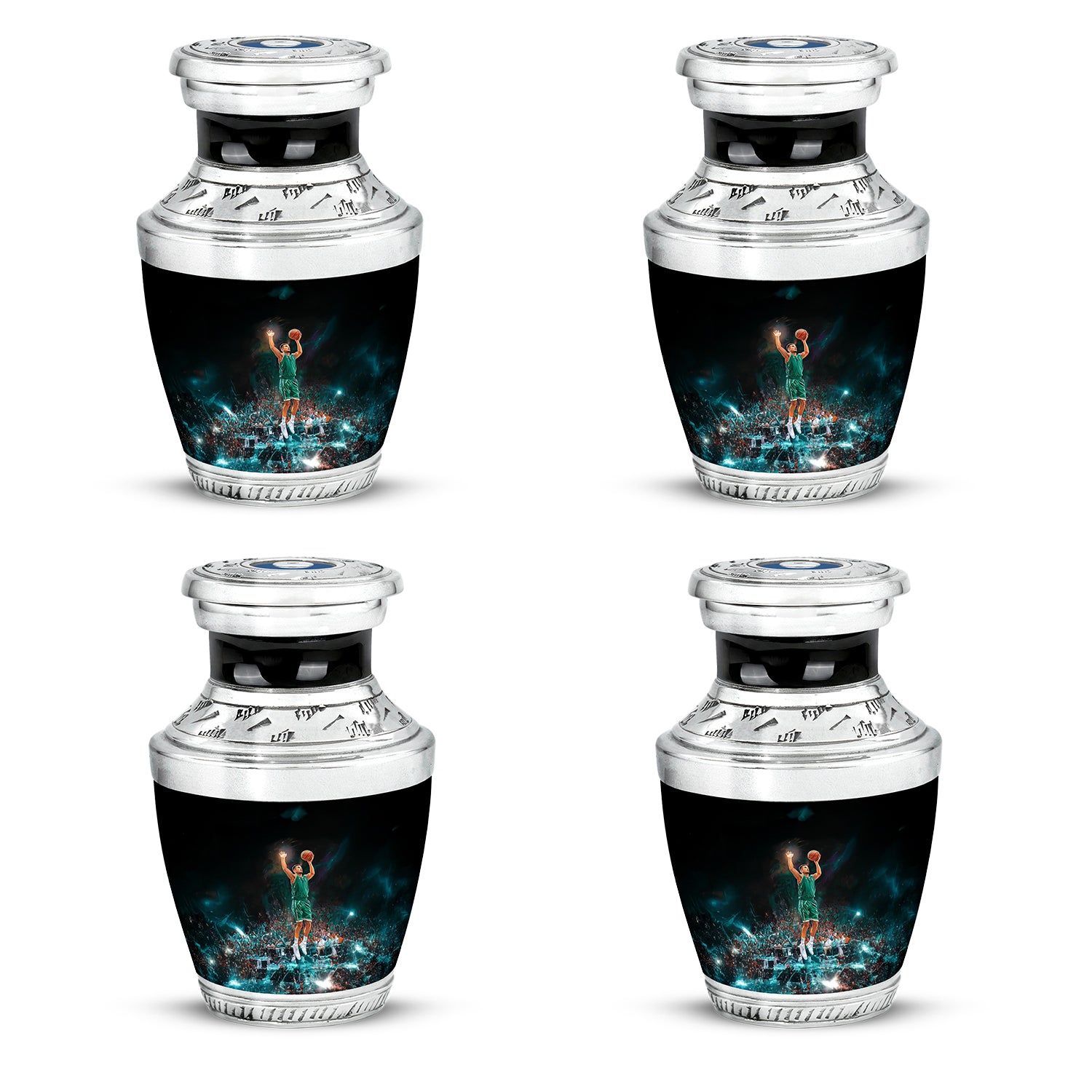Glossy Black Basketball Cremation Urn back view with polished surface - modern art-inspired basketball motif on sleek aluminum - 10 inch aluminum urn for cremated remains