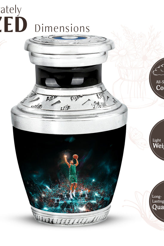 Jet Black Basketball Cremation Urn top-down view of secure threaded lid - modern art-inspired basketball motif on sleek aluminum - mini keepsake memorial for portion of cremation ashes