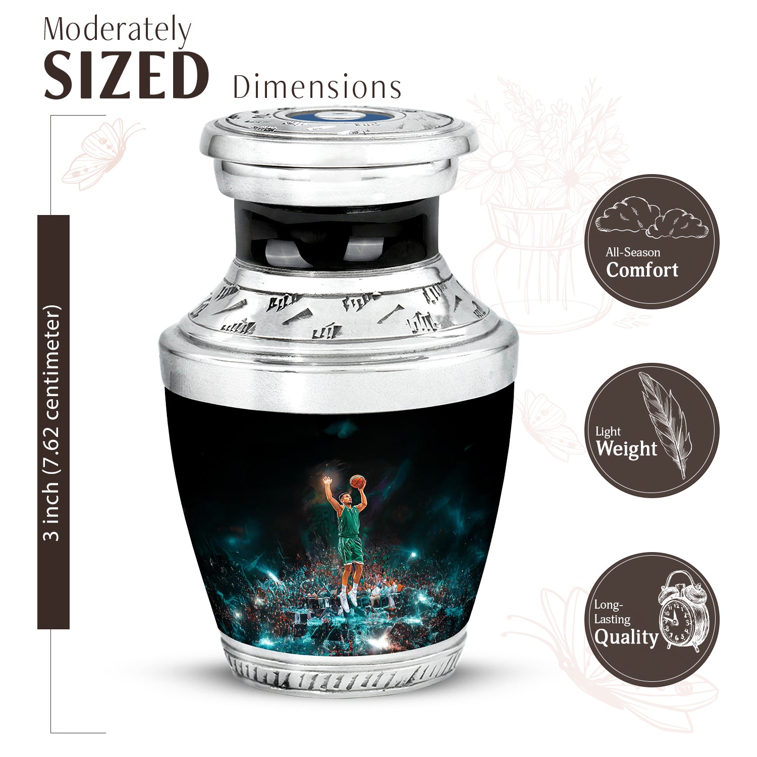 Jet Black Basketball Cremation Urn top-down view of secure threaded lid - modern art-inspired basketball motif on sleek aluminum - mini keepsake memorial for portion of cremation ashes
