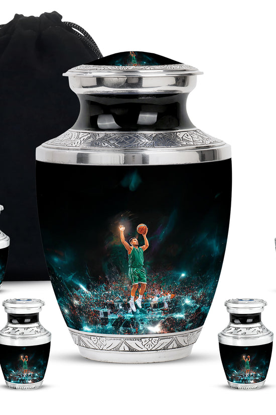 Ebony Basketball Cremation Urn lifestyle display on memorial shelf - modern art-inspired basketball motif on sleek aluminum - memorial set with one large and four small urns