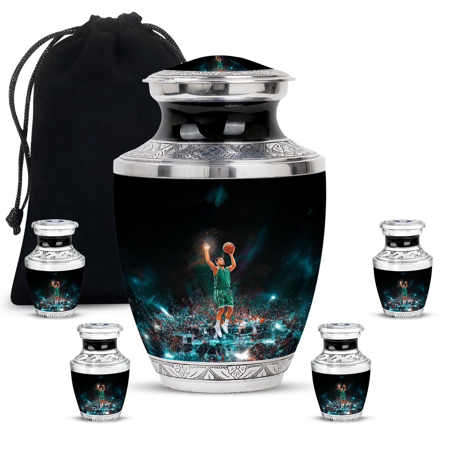 Ebony Basketball Cremation Urn lifestyle display on memorial shelf - modern art-inspired basketball motif on sleek aluminum - memorial set with one large and four small urns