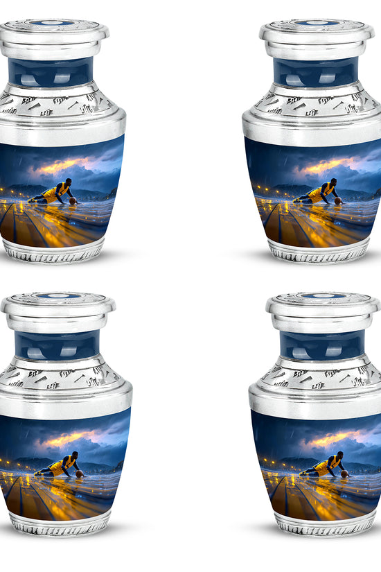 Dusty Blue Basketball Cremation Urn back view with polished surface - contemporary basketball design with modern artistic flair - 10 inch aluminum urn for cremated remains