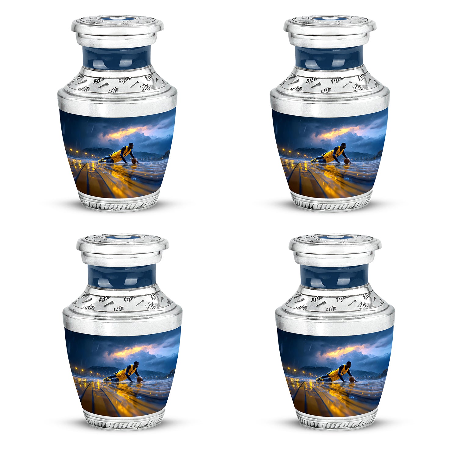 Dusty Blue Basketball Cremation Urn back view with polished surface - contemporary basketball design with modern artistic flair - 10 inch aluminum urn for cremated remains