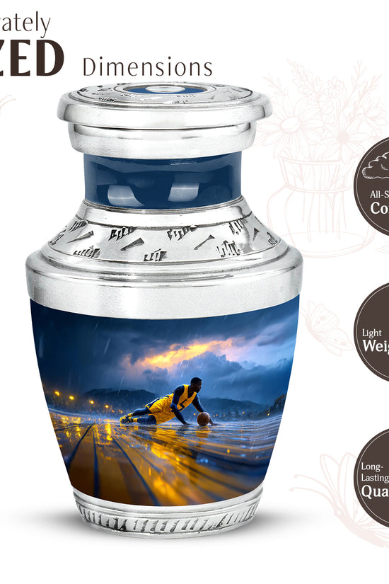 Powder Blue Basketball Cremation Urn top-down view of secure threaded lid - modern art-inspired basketball motif on sleek aluminum - mini keepsake memorial for portion of cremation ashes