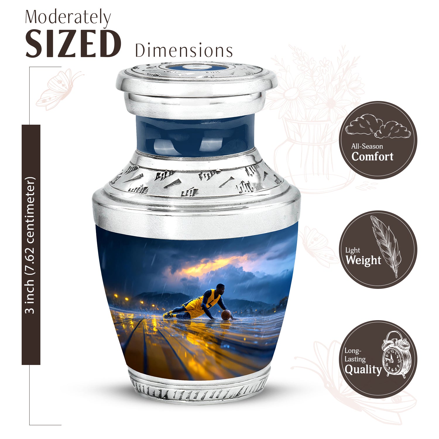 Powder Blue Basketball Cremation Urn top-down view of secure threaded lid - modern art-inspired basketball motif on sleek aluminum - mini keepsake memorial for portion of cremation ashes