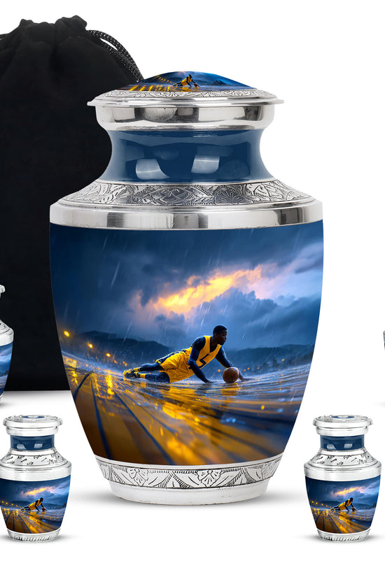 Bright Blue Basketball Cremation Urn lifestyle display on memorial shelf - artistic basketball interpretation with creative detail - memorial set with one large and four small urns