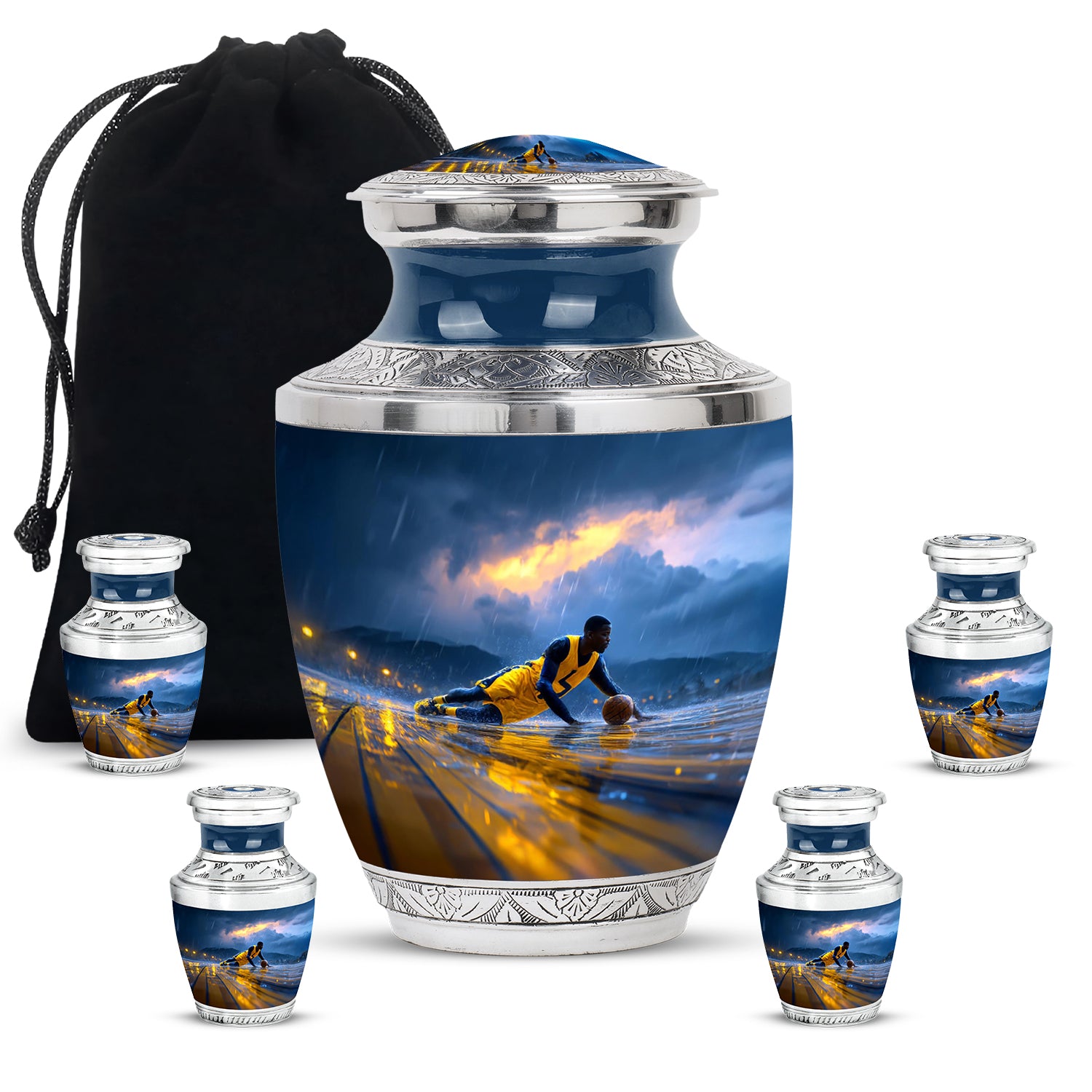 Bright Blue Basketball Cremation Urn lifestyle display on memorial shelf - artistic basketball interpretation with creative detail - memorial set with one large and four small urns