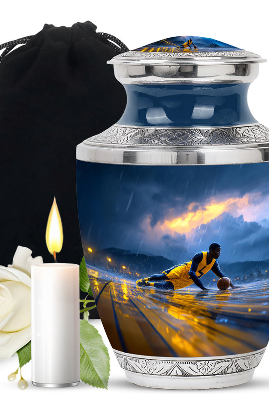 Icy Blue Basketball Cremation Urn side profile showing urn shape - contemporary basketball design with modern artistic flair - full-size 10 inch 200 cubic inch adult cremation urn
