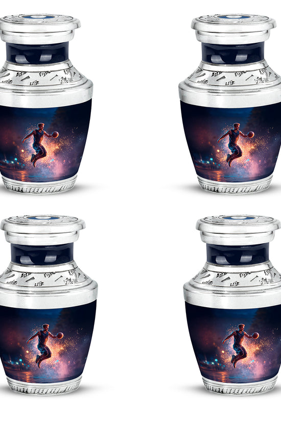 Dusty Blue Basketball Cremation Urn back view with polished surface - modern art-inspired basketball motif on sleek aluminum - 10 inch aluminum urn for cremated remains