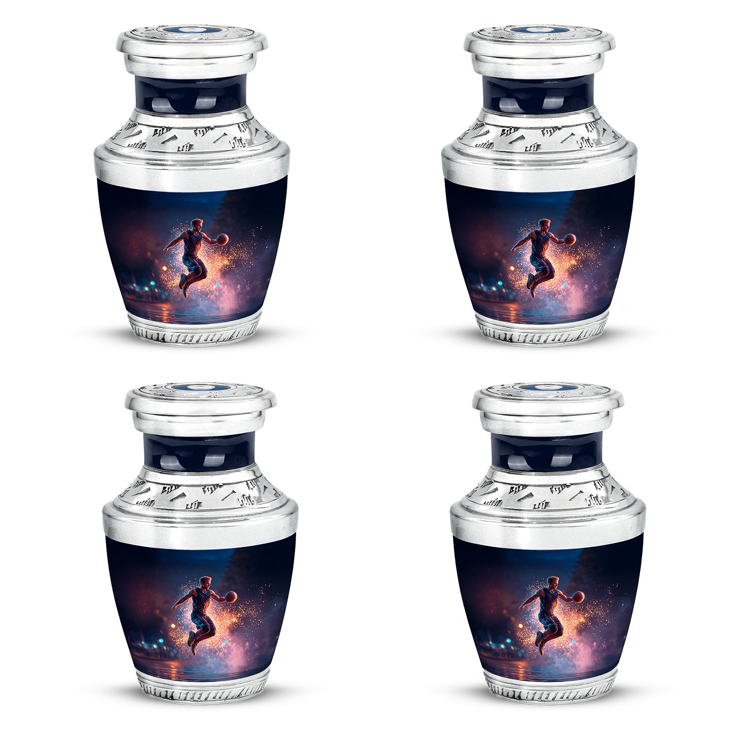 Dusty Blue Basketball Cremation Urn back view with polished surface - modern art-inspired basketball motif on sleek aluminum - 10 inch aluminum urn for cremated remains