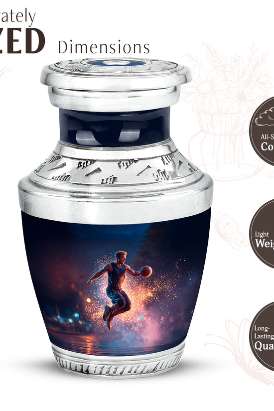 Navy Blue Basketball Cremation Urn top-down view of secure threaded lid - modern art-inspired basketball motif on sleek aluminum - mini keepsake memorial for portion of cremation ashes