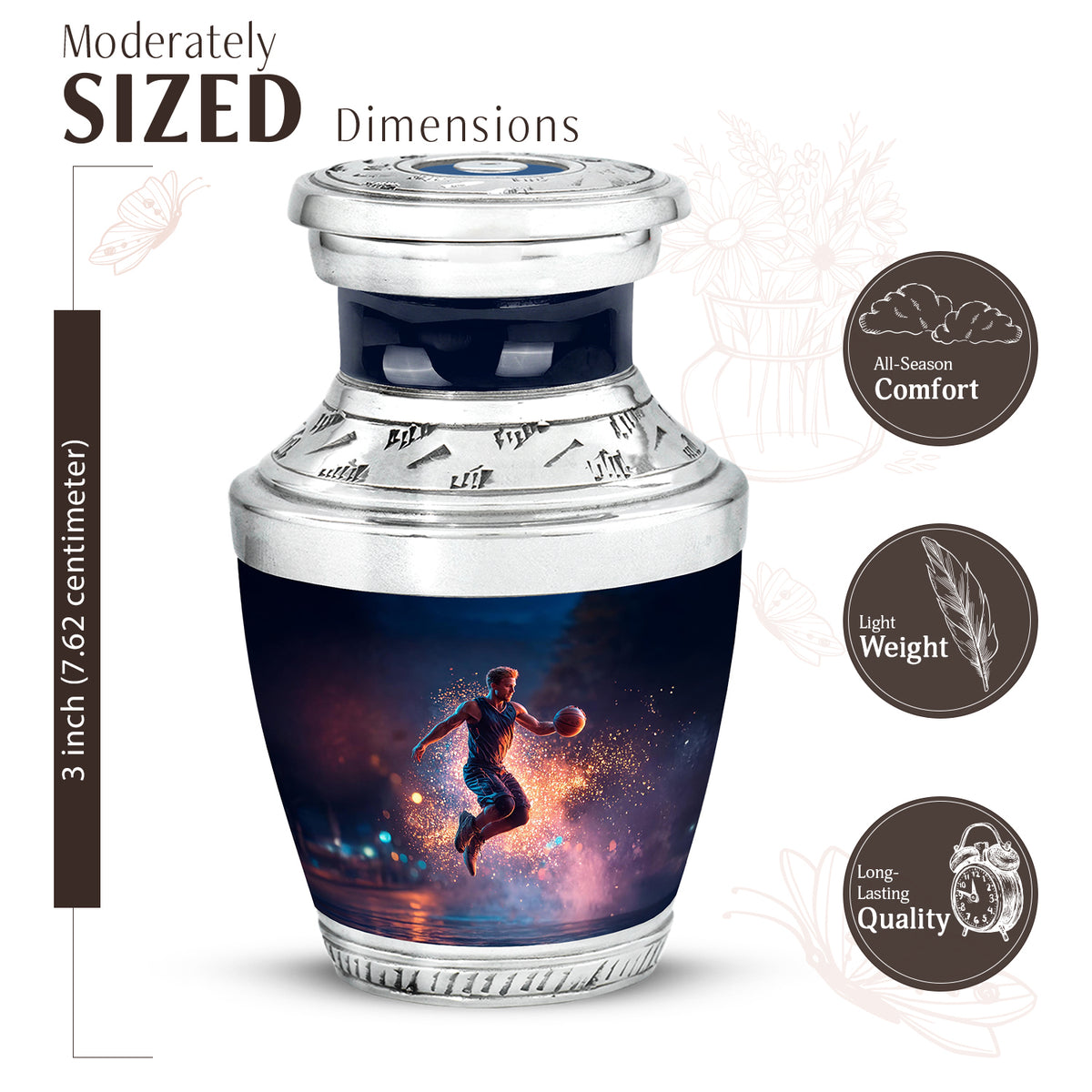 Navy Blue Basketball Cremation Urn top-down view of secure threaded lid - modern art-inspired basketball motif on sleek aluminum - mini keepsake memorial for portion of cremation ashes