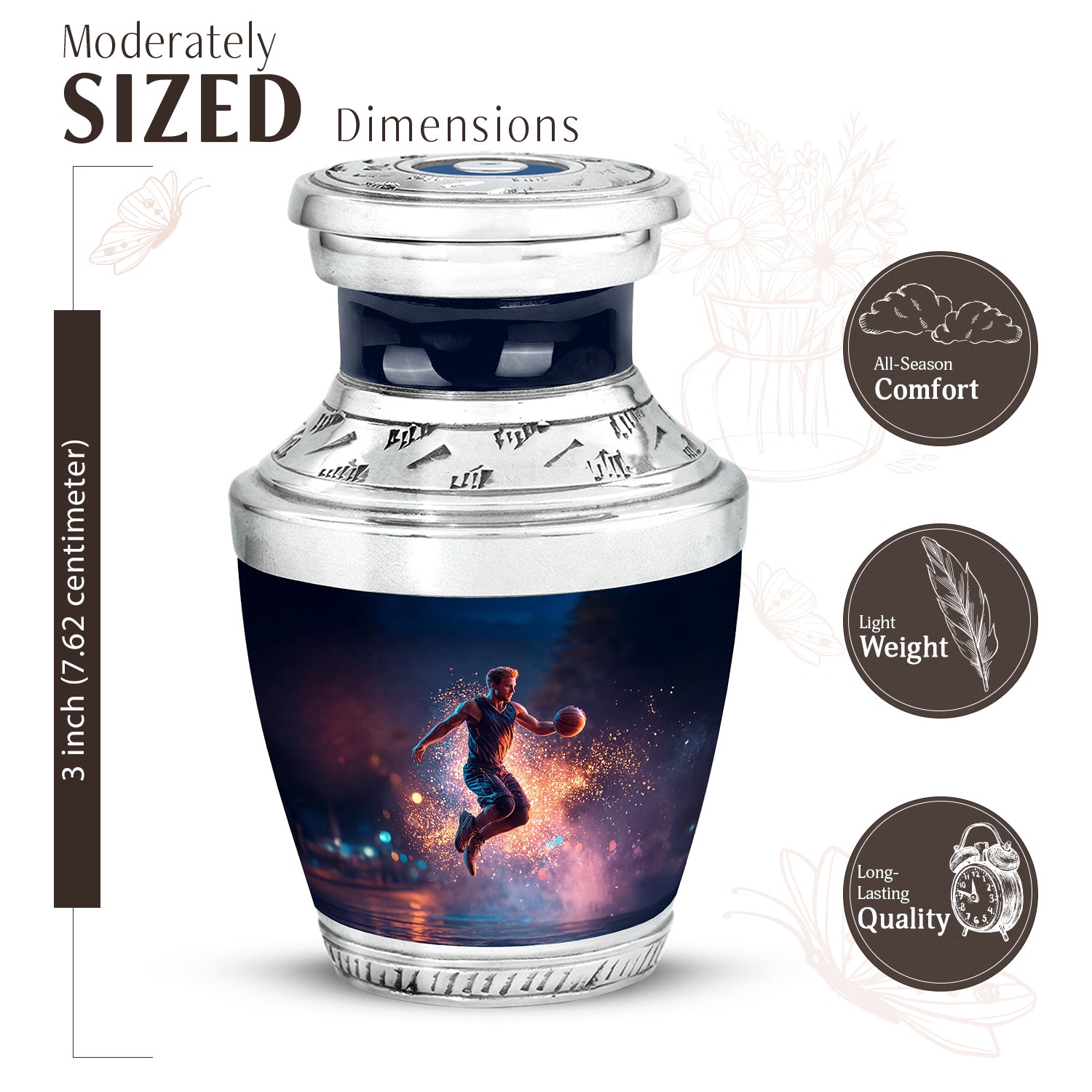 Navy Blue Basketball Cremation Urn top-down view of secure threaded lid - modern art-inspired basketball motif on sleek aluminum - mini keepsake memorial for portion of cremation ashes