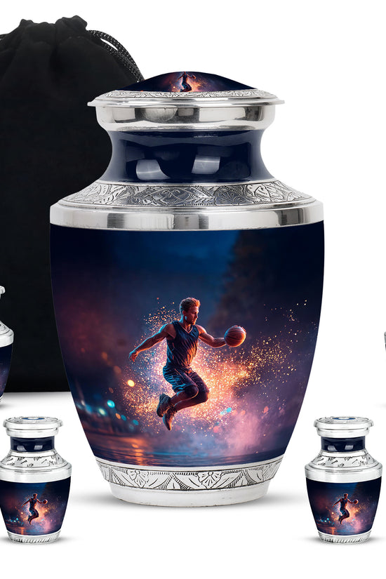 Serene Blue Basketball Cremation Urn lifestyle display on memorial shelf - artistic basketball interpretation with creative detail - memorial set with one large and four small urns