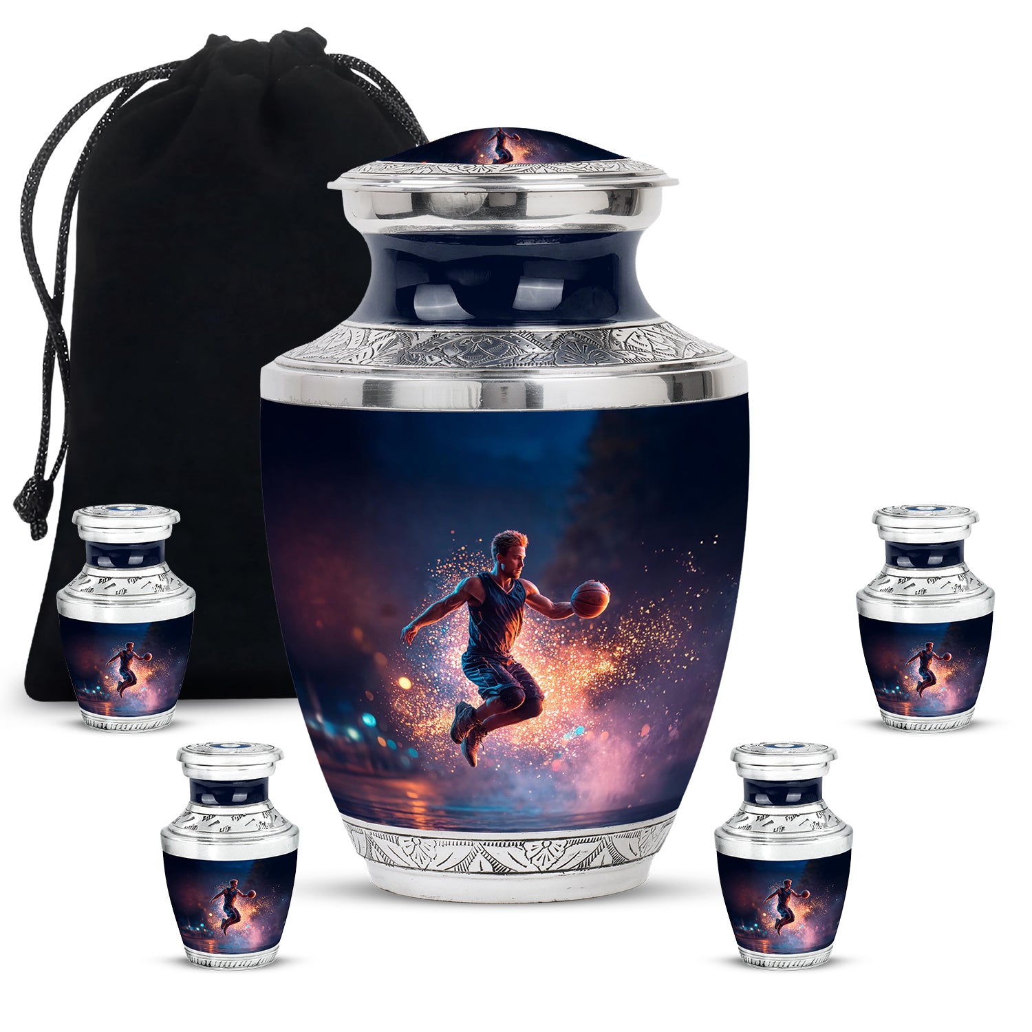 Serene Blue Basketball Cremation Urn lifestyle display on memorial shelf - artistic basketball interpretation with creative detail - memorial set with one large and four small urns
