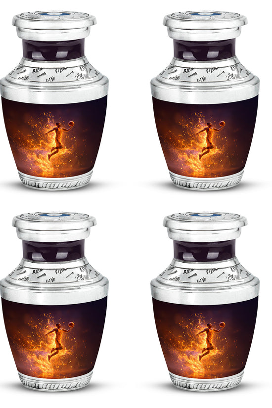 Glossy Black Basketball Cremation Urn back view with polished surface - modern art-inspired basketball motif on sleek aluminum - 10 inch aluminum urn for cremated remains