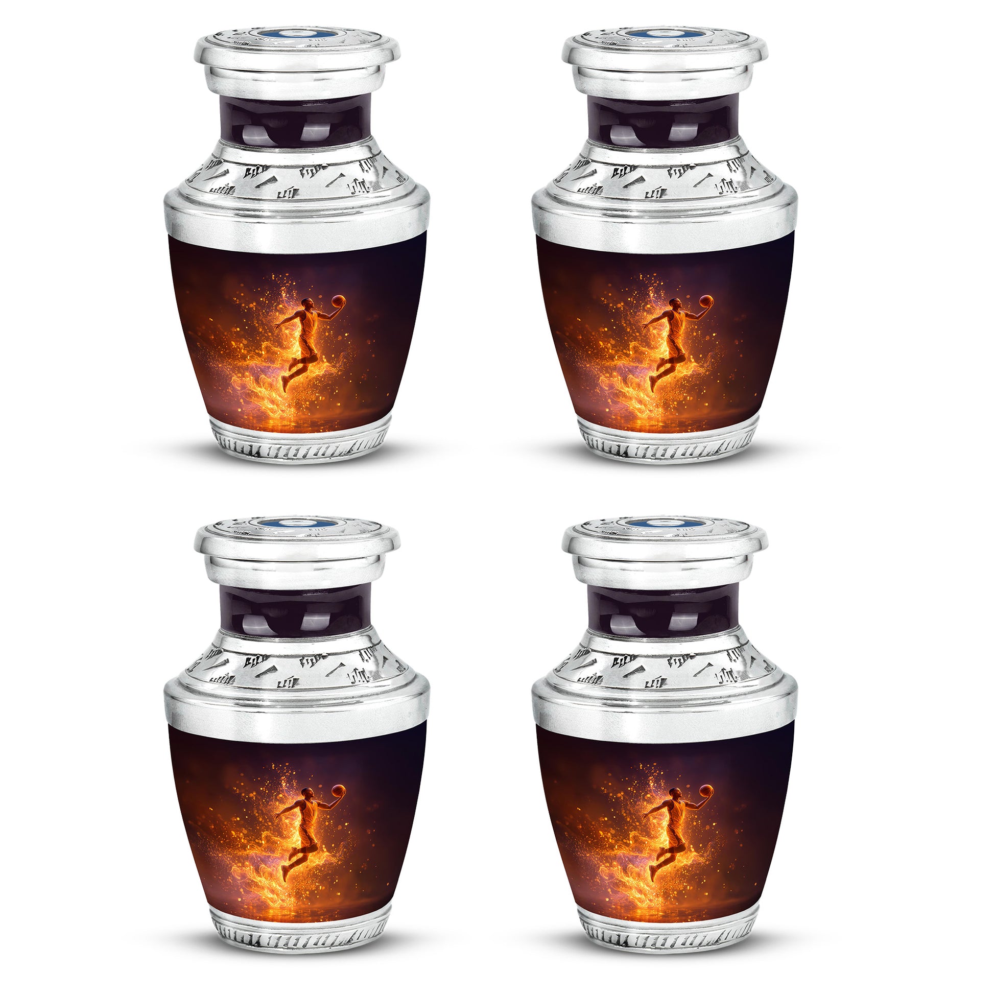 Glossy Black Basketball Cremation Urn back view with polished surface - modern art-inspired basketball motif on sleek aluminum - 10 inch aluminum urn for cremated remains