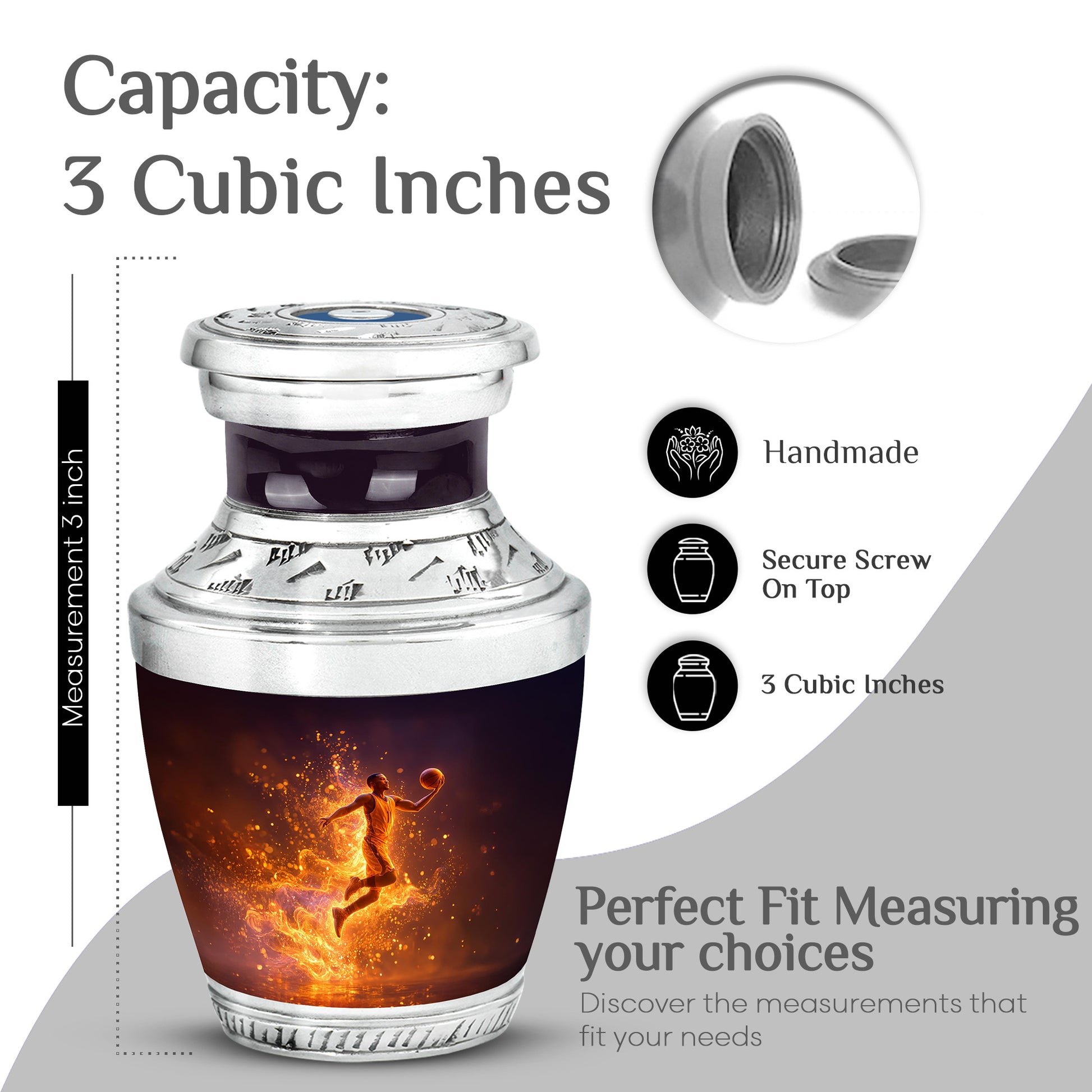 Midnight Black Basketball Cremation Urn top-down view of secure threaded lid - artistic basketball interpretation with creative detail - mini keepsake memorial for portion of cremation ashes