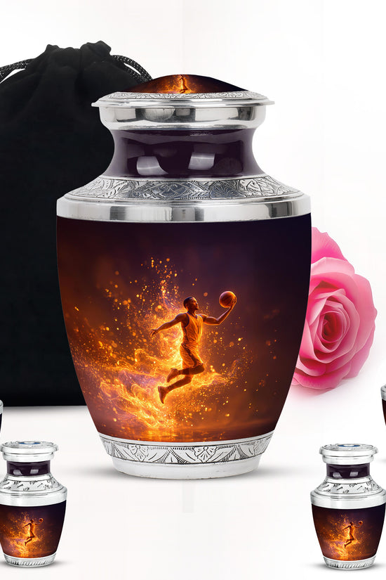 Charcoal Black Basketball Cremation Urn lifestyle display on memorial shelf - stylized abstract basketball pattern with bold lines - memorial set with one large and four small urns