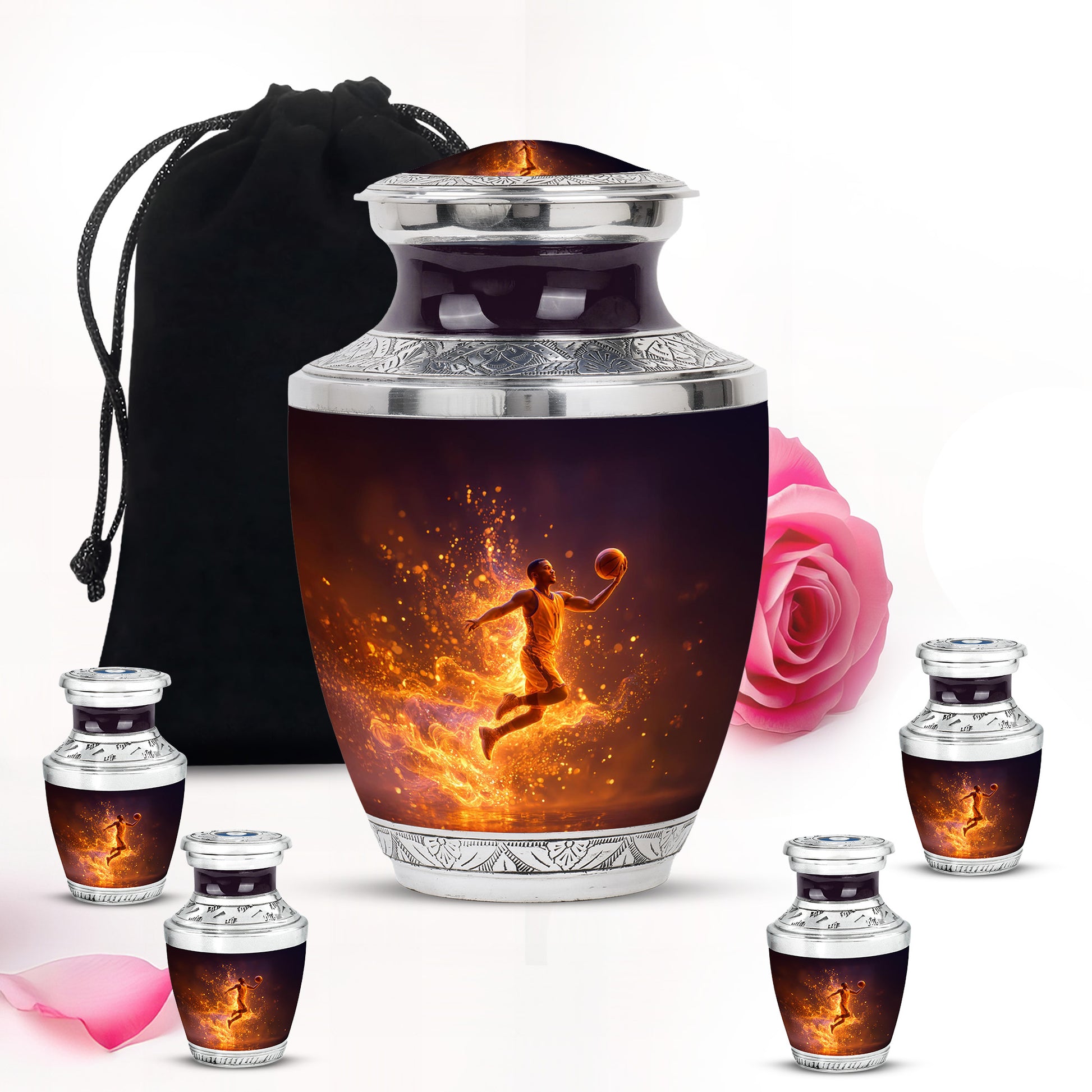 Charcoal Black Basketball Cremation Urn lifestyle display on memorial shelf - stylized abstract basketball pattern with bold lines - memorial set with one large and four small urns