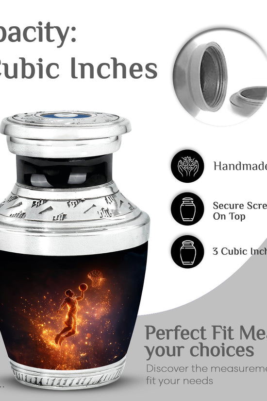 Dark Black Basketball Cremation Urn top-down view of secure threaded lid - artistic basketball interpretation with creative detail - mini keepsake memorial for portion of cremation ashes