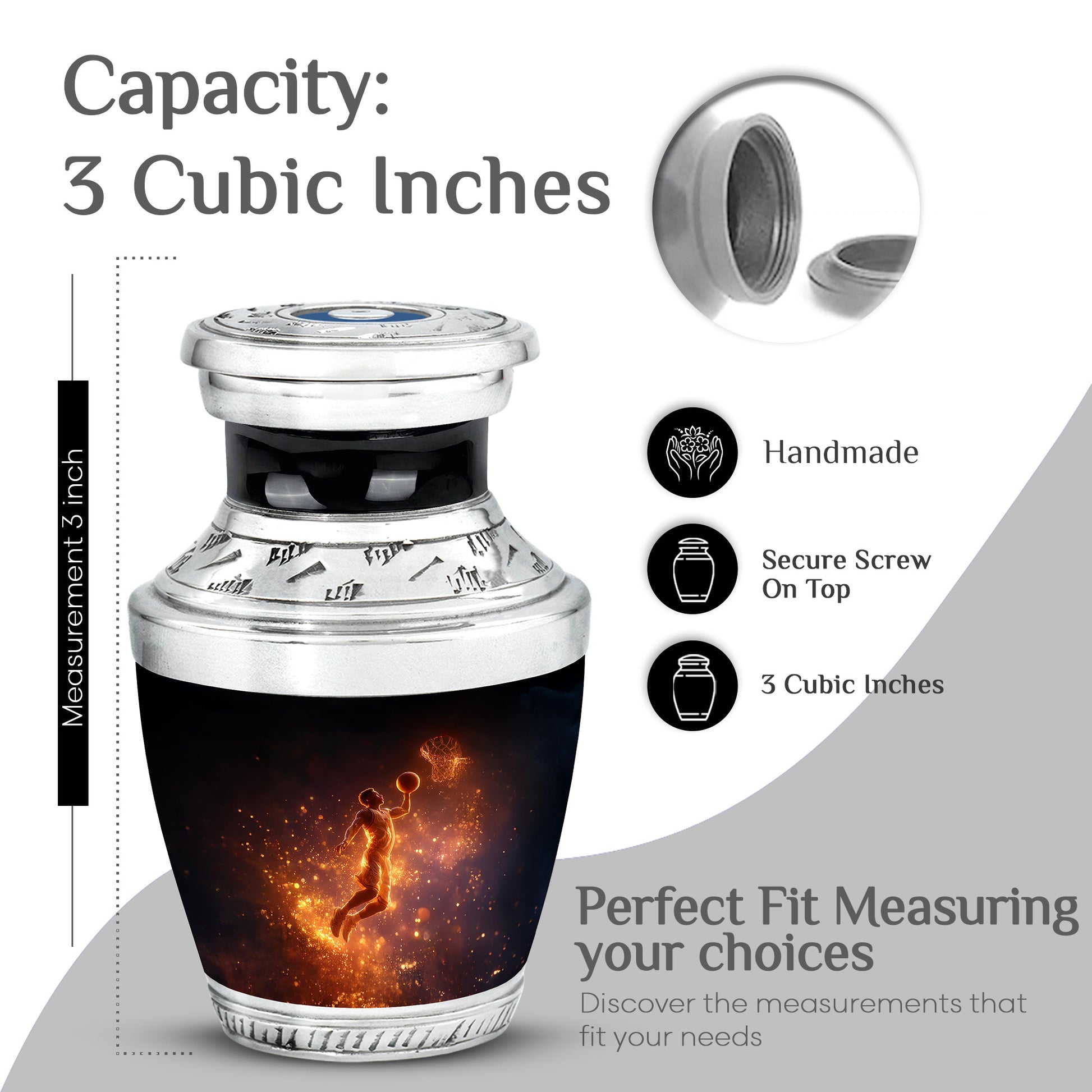 Dark Black Basketball Cremation Urn top-down view of secure threaded lid - artistic basketball interpretation with creative detail - mini keepsake memorial for portion of cremation ashes