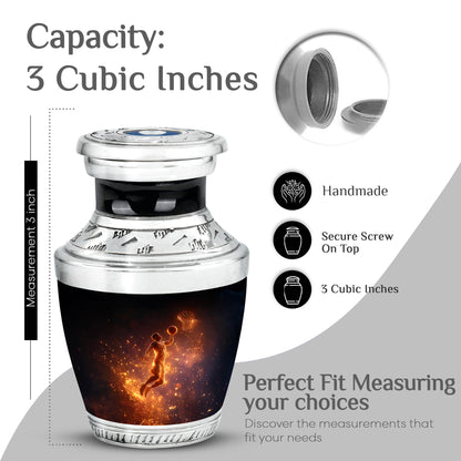 Dark Black Basketball Cremation Urn top-down view of secure threaded lid - artistic basketball interpretation with creative detail - mini keepsake memorial for portion of cremation ashes