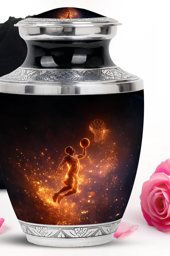 Jet Black Basketball Cremation Urn side profile showing urn shape - modern art-inspired basketball motif on sleek aluminum - full-size 10 inch 200 cubic inch adult cremation urn