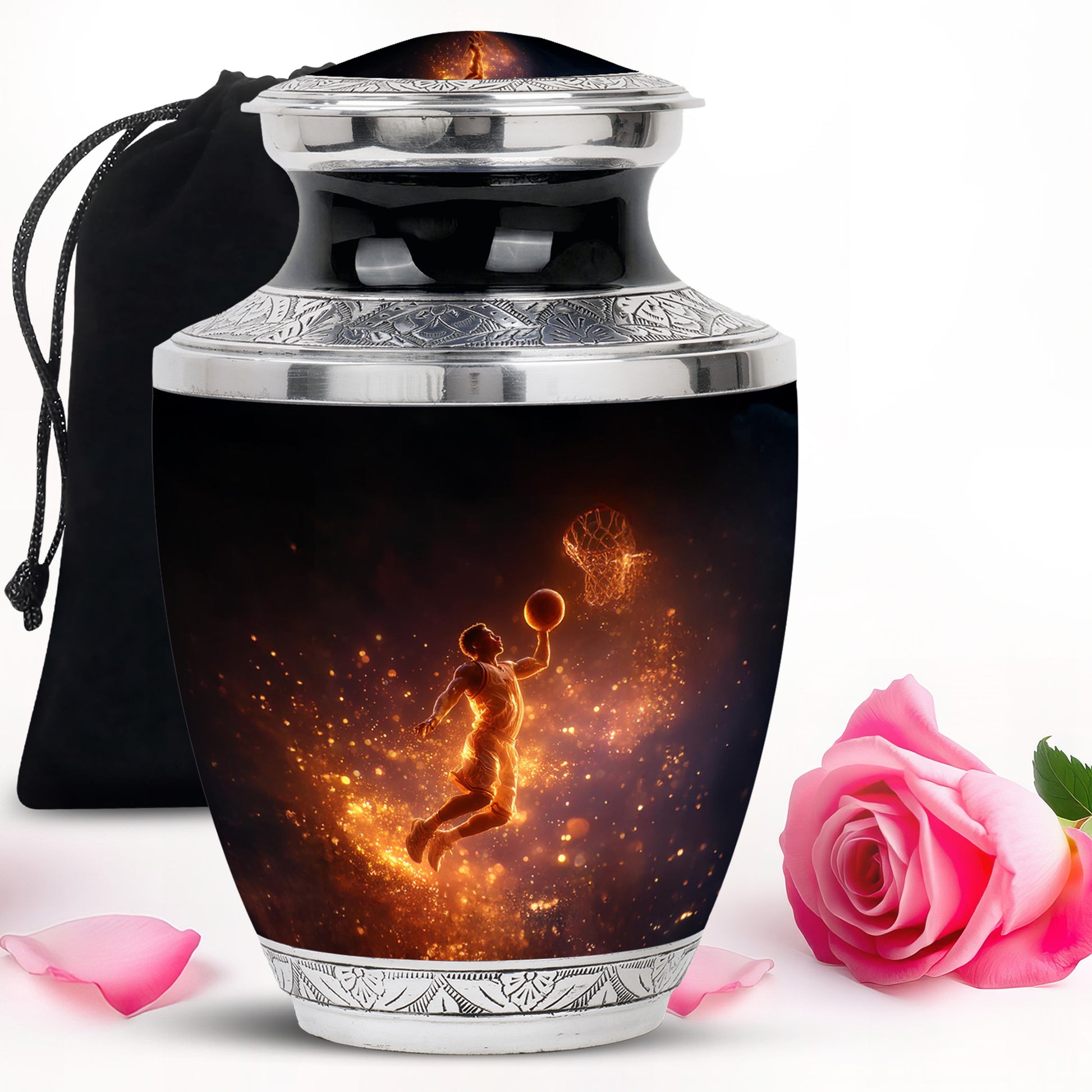 Jet Black Basketball Cremation Urn side profile showing urn shape - modern art-inspired basketball motif on sleek aluminum - full-size 10 inch 200 cubic inch adult cremation urn