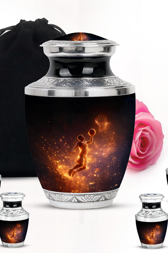 Rich Black Basketball Cremation Urn lifestyle display on memorial shelf - contemporary basketball design with modern artistic flair - memorial set with one large and four small urns